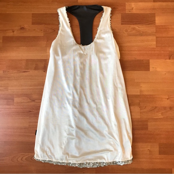 LITERATURE NOIR | Sexy Silver Sequin Mini Dress Black Leather Racer Back Size M - Picture 10 of 13